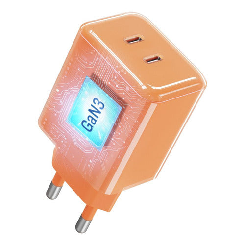 Phone charger Forcell F-Energy GaN III Crystal Color 2x USB C AVS SSFC3.0 60W + silicone cable USB C to USB C VT-60 orange