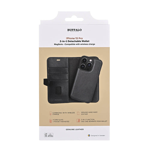 iPhone 15 Pro Max Læder Cover med kortholder 2in1 3 Magserie – Sort – Buffalo