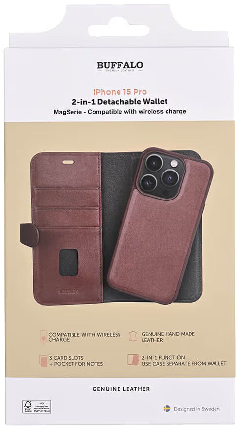 iPhone 15 Pro Læder Cover med kortholder 2in1 3 Magserie – Brun – Buffalo
