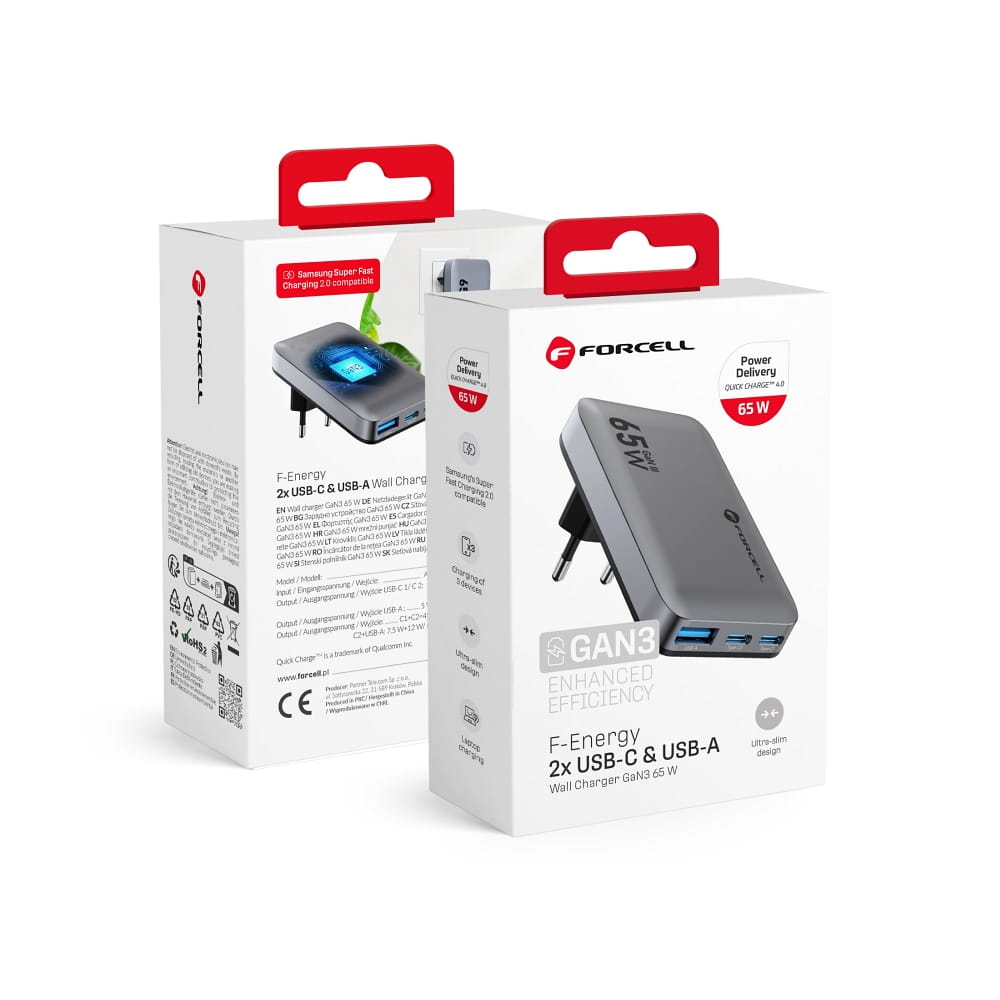FORCELL F-Energy Ultra Slim GaN III VT-47 65W – 2 x USB-C + USB-A