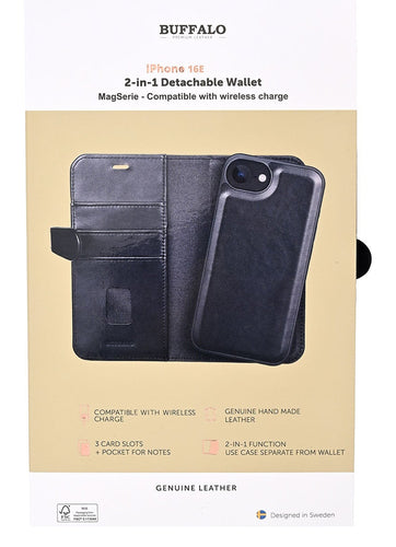 iPhone 16e / 17e Læder Wallet Flip Cover MagSeries med kortholder – Sort – Buffalo