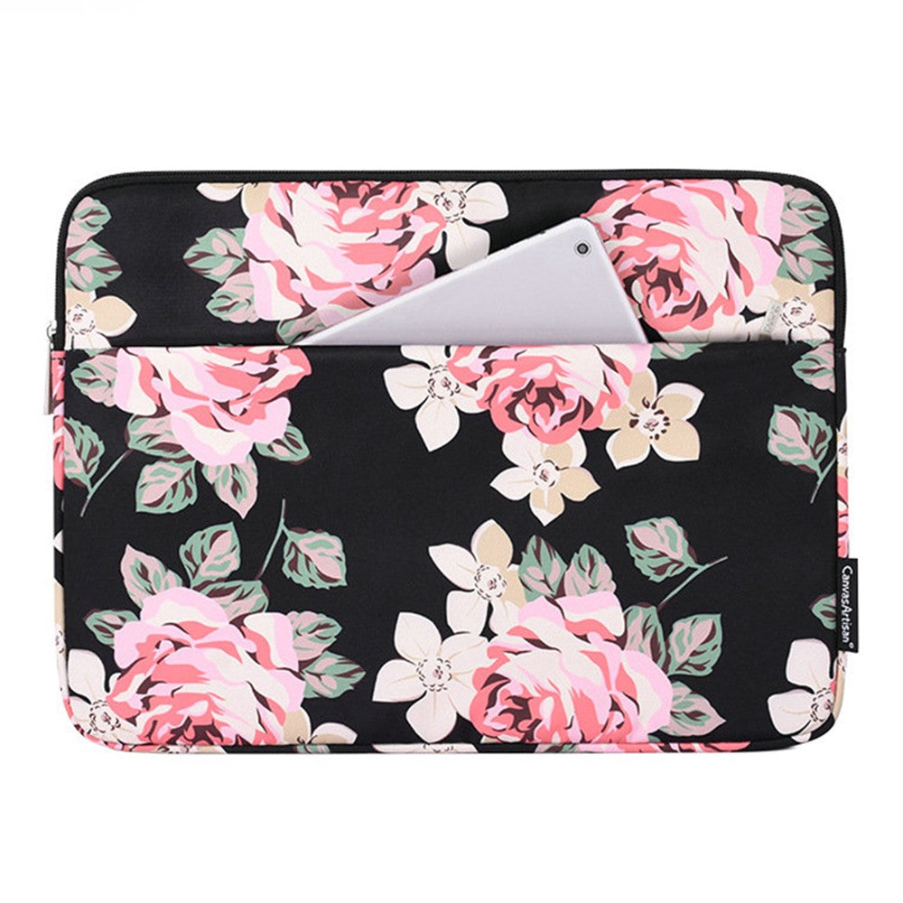 CANVASARTISAN H40-11 Shockproof Carrying Case for 14-inch Laptops Portable Storage Bag Rose Pattern Printed Sleeve Bag with Outer Pouch - Black - produktbillede 1
