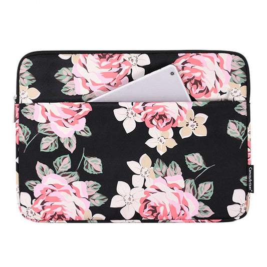 CANVASARTISAN H40-11 Shockproof Carrying Case for 14-inch Laptops Portable Storage Bag Rose Pattern Printed Sleeve Bag with Outer Pouch - Black - produktbillede 1