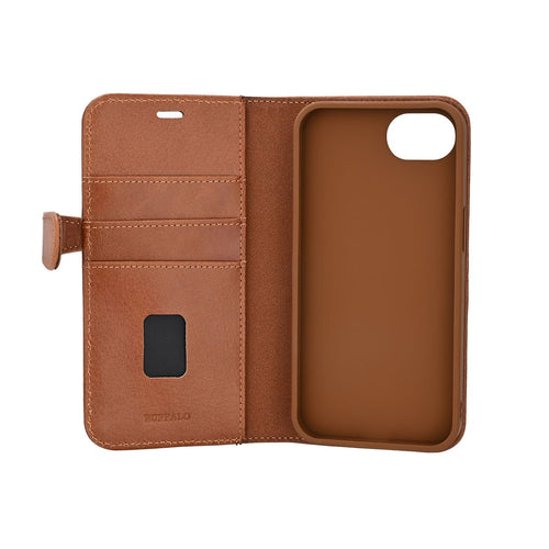 iPhone 16e / 17e Læder Wallet Flip Cover MagSeries med kortholder – Brun – Buffalo