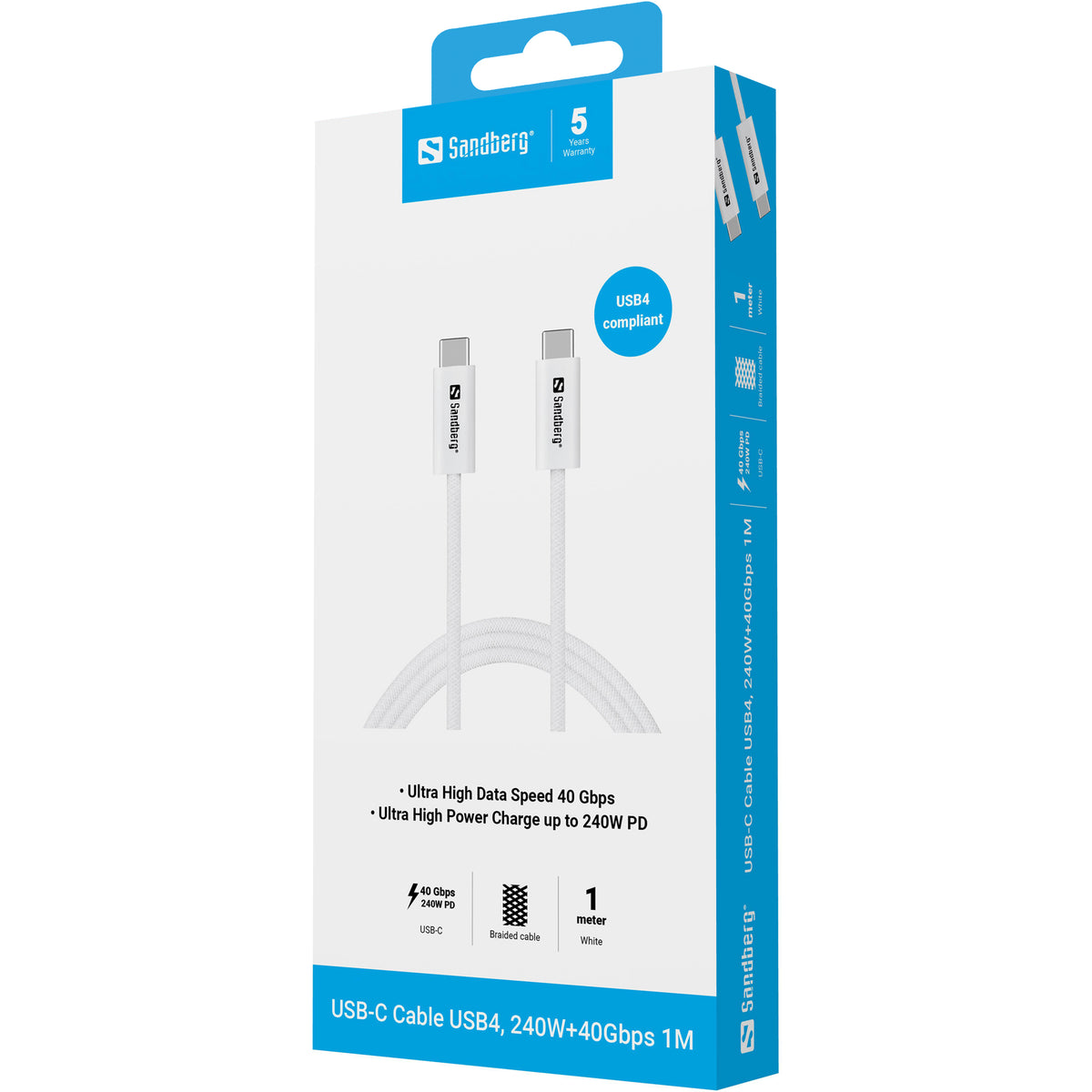 Kabel USBC/USBC 1m 240W Hvid - billede 3