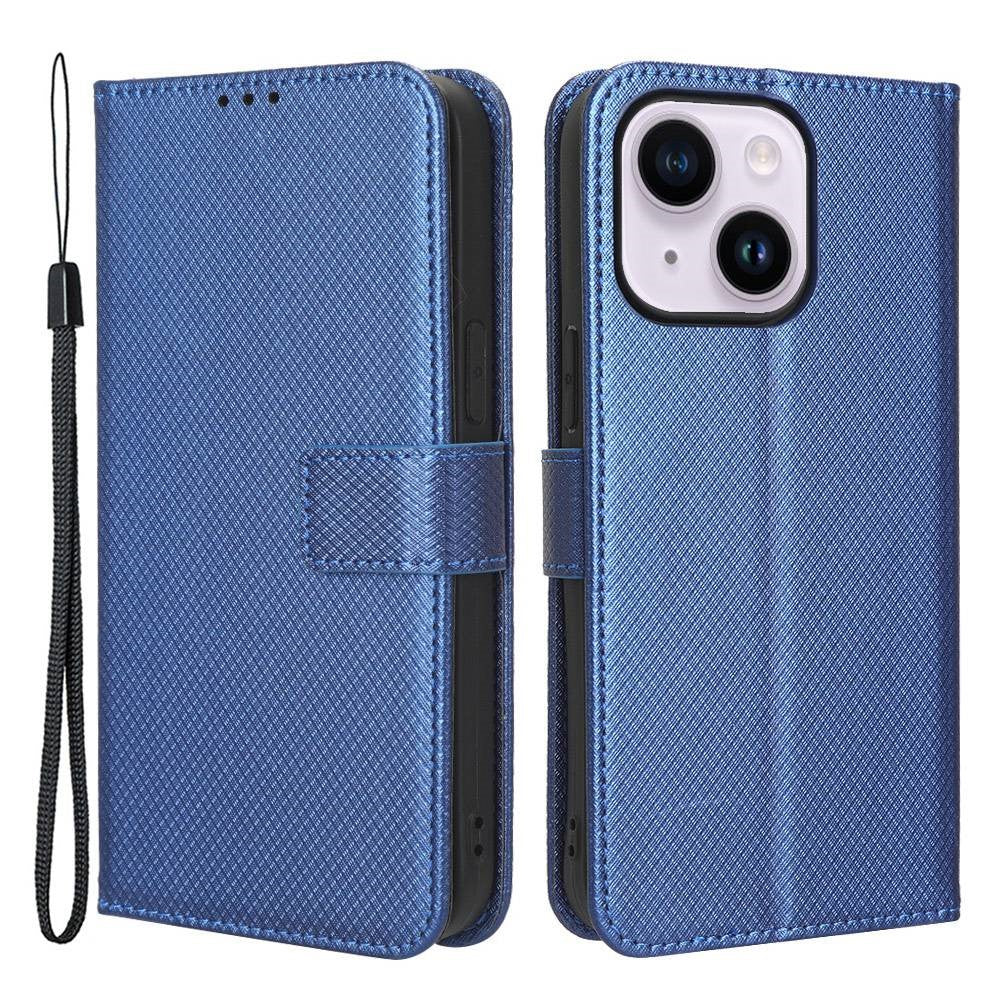 iPhone 14 Læder Wallet Flip Cover Stand Shock Anti scratch Diamond Texture Absorption – Blå - produktbillede 1