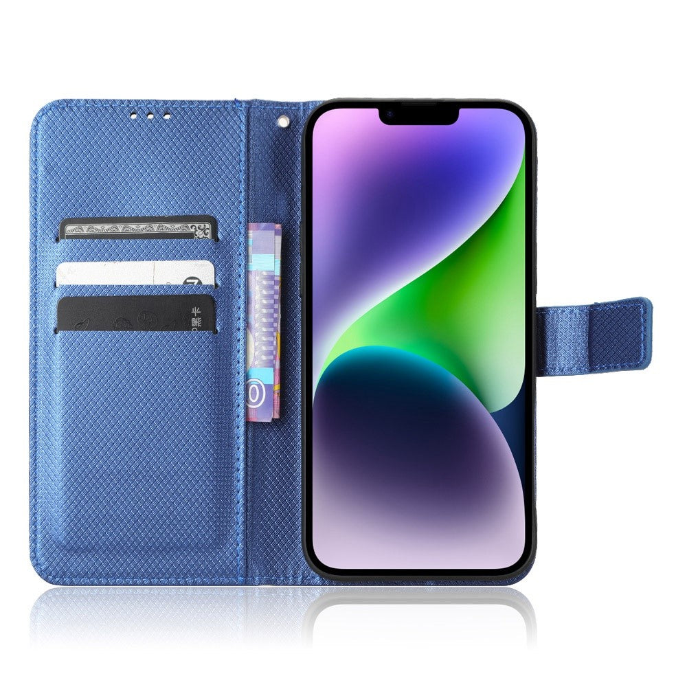 iPhone 14 Læder Wallet Flip Cover Stand Shock Anti scratch Diamond Texture Absorption – Blå - produktbillede 2