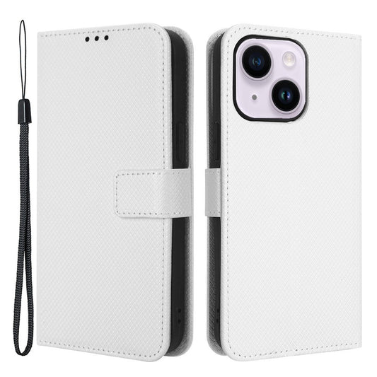 iPhone 14 Læder Wallet Flip Cover Stand Shock Anti scratch Diamond Texture Absorption – Hvid