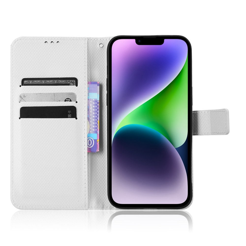 iPhone 14 Læder Wallet Flip Cover Stand Shock Anti scratch Diamond Texture Absorption – Hvid