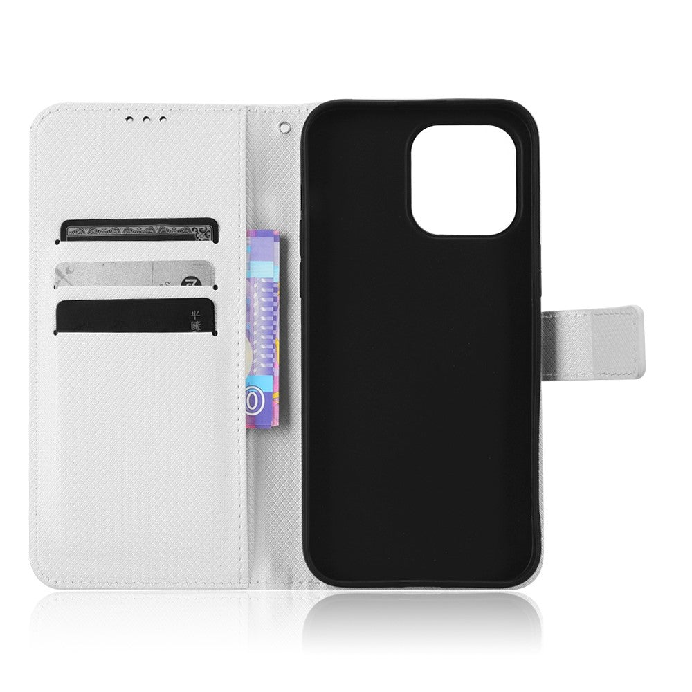 iPhone 14 Læder Wallet Flip Cover Stand Shock Anti scratch Diamond Texture Absorption – Hvid - produktbillede 5