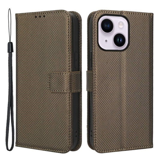 iPhone 14 Læder Wallet Flip Cover Stand Shock Anti scratch Diamond Texture Absorption – Brun - produktbillede 1