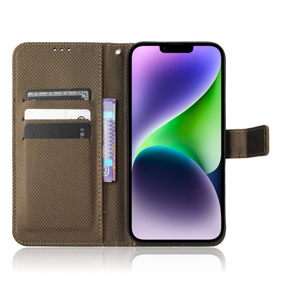 iPhone 14 Læder Wallet Flip Cover Stand Shock Anti scratch Diamond Texture Absorption – Brun - produktbillede 2