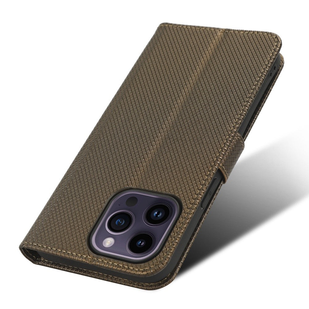 iPhone 14 Pro Læder Wallet Flip Cover Stand Anti scratch Diamond Texture Drop proof – Brun - produktbillede 6