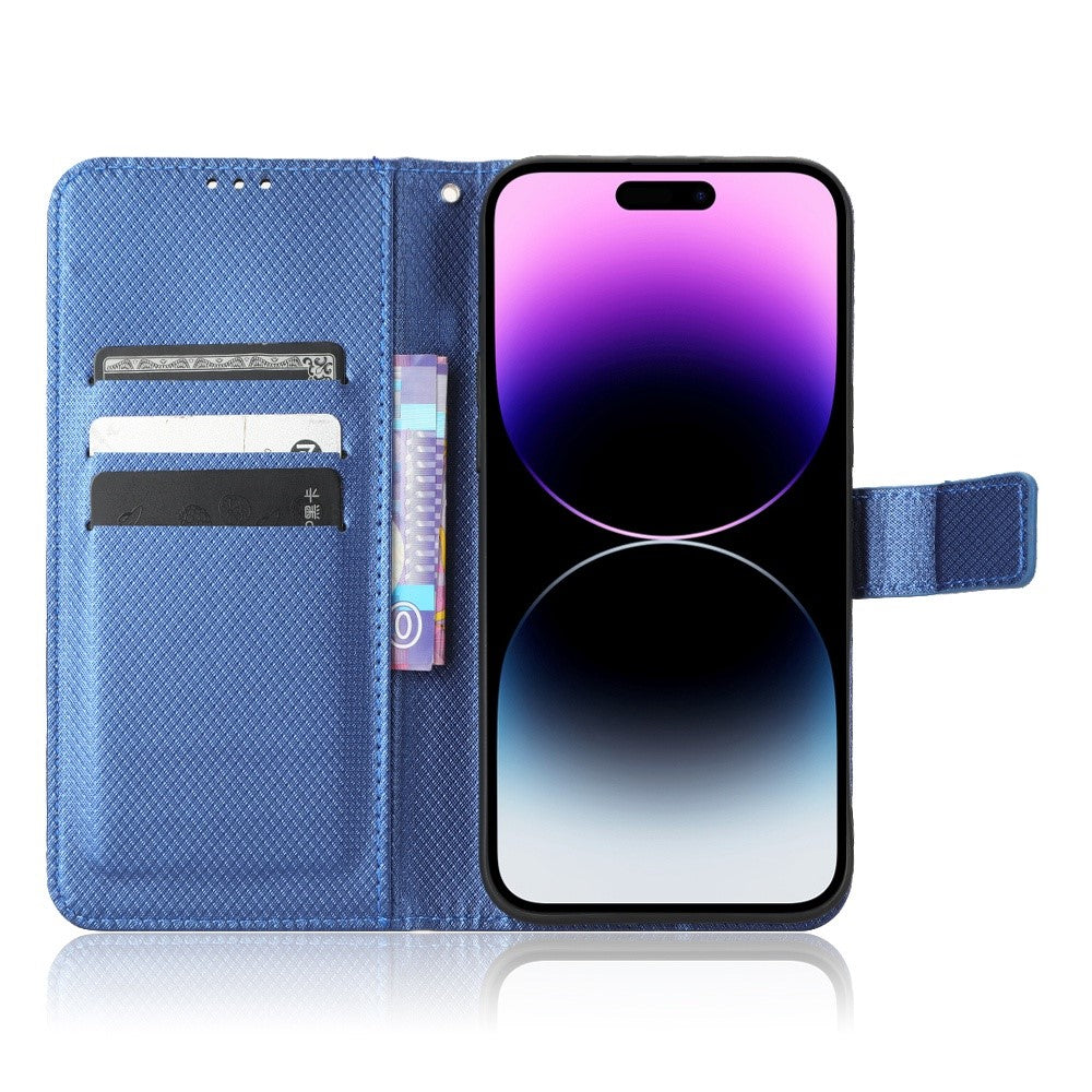 iPhone 14 Pro Læder Wallet Flip Cover Stand Anti scratch Diamond Texture Drop proof – Blå - produktbillede 2