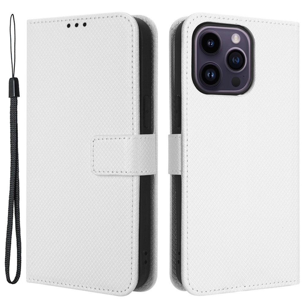 iPhone 14 Pro Læder Wallet Flip Cover Stand Anti scratch Diamond Texture Drop proof – Hvid - produktbillede 1