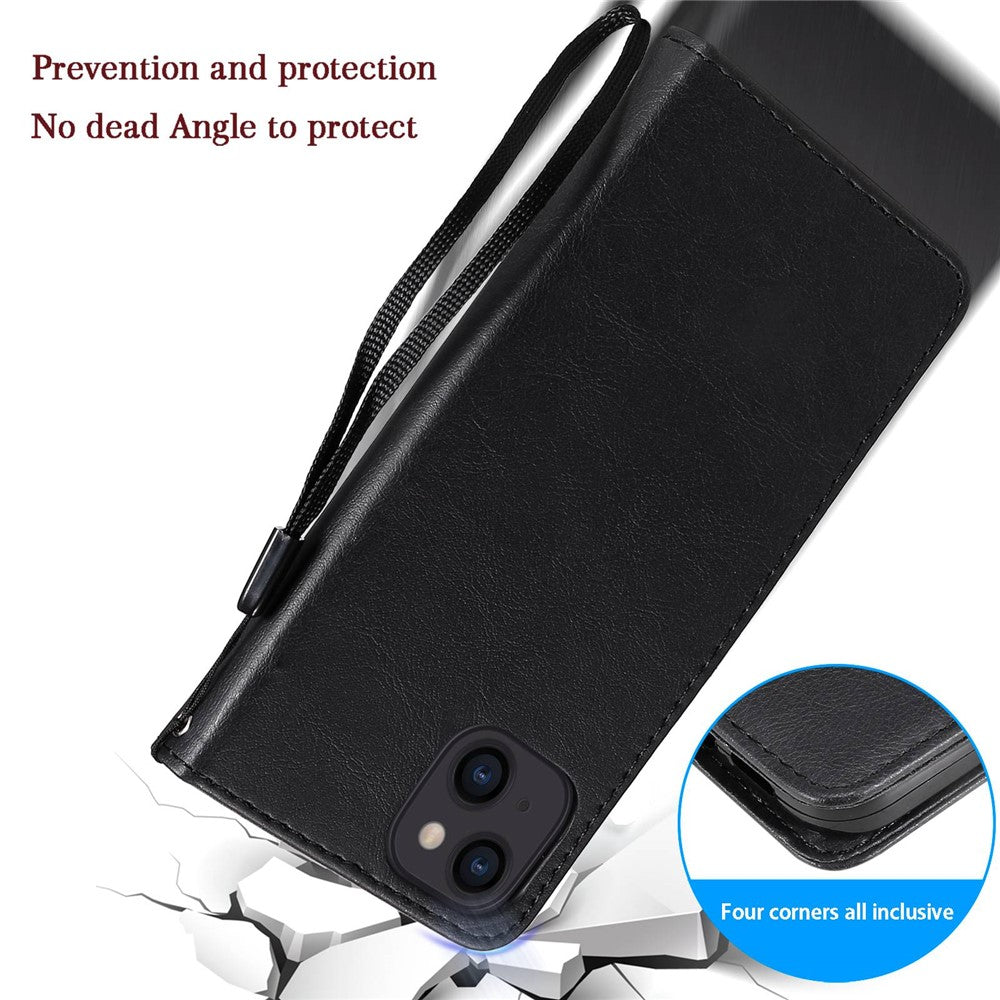 iPhone 14 Cover med kortholder M/3kort Magnetluk Og Strop – Sort