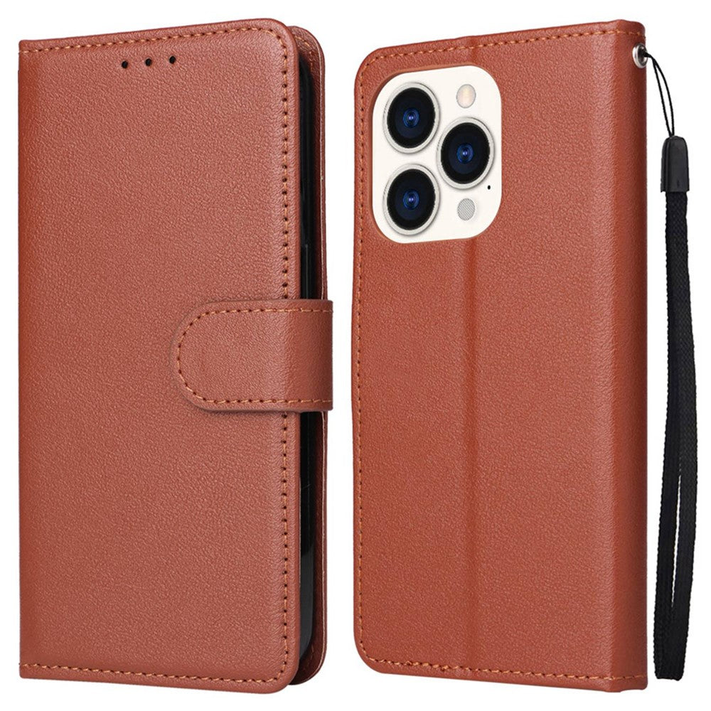 iPhone 14 PU Wallet Flip Cover Stand Fall Resistant Folio Cell Lanyard – Brun