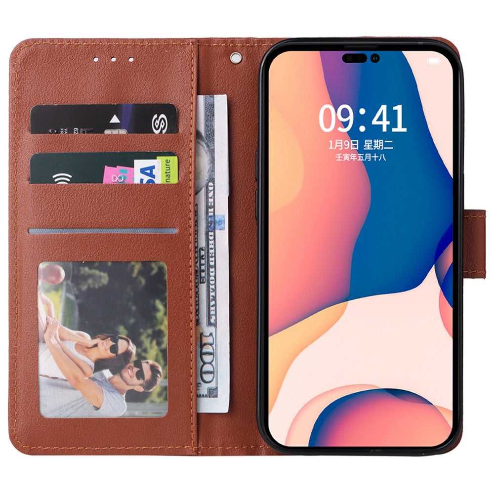 iPhone 14 PU Wallet Flip Cover Stand Fall Resistant Folio Cell Lanyard – Brun