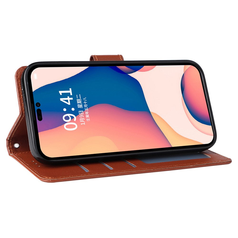 iPhone 14 PU Wallet Flip Cover Stand Fall Resistant Folio Cell Lanyard – Brun