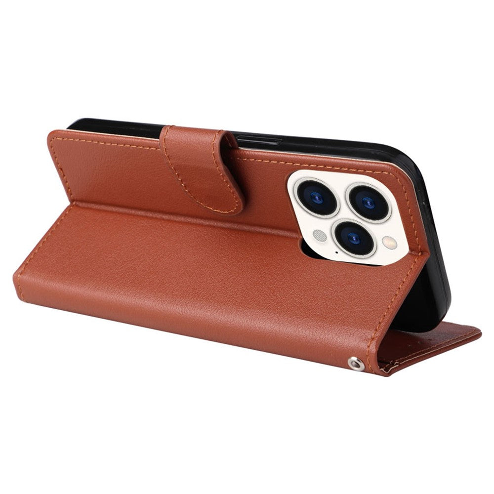 iPhone 14 PU Wallet Flip Cover Stand Fall Resistant Folio Cell Lanyard – Brun