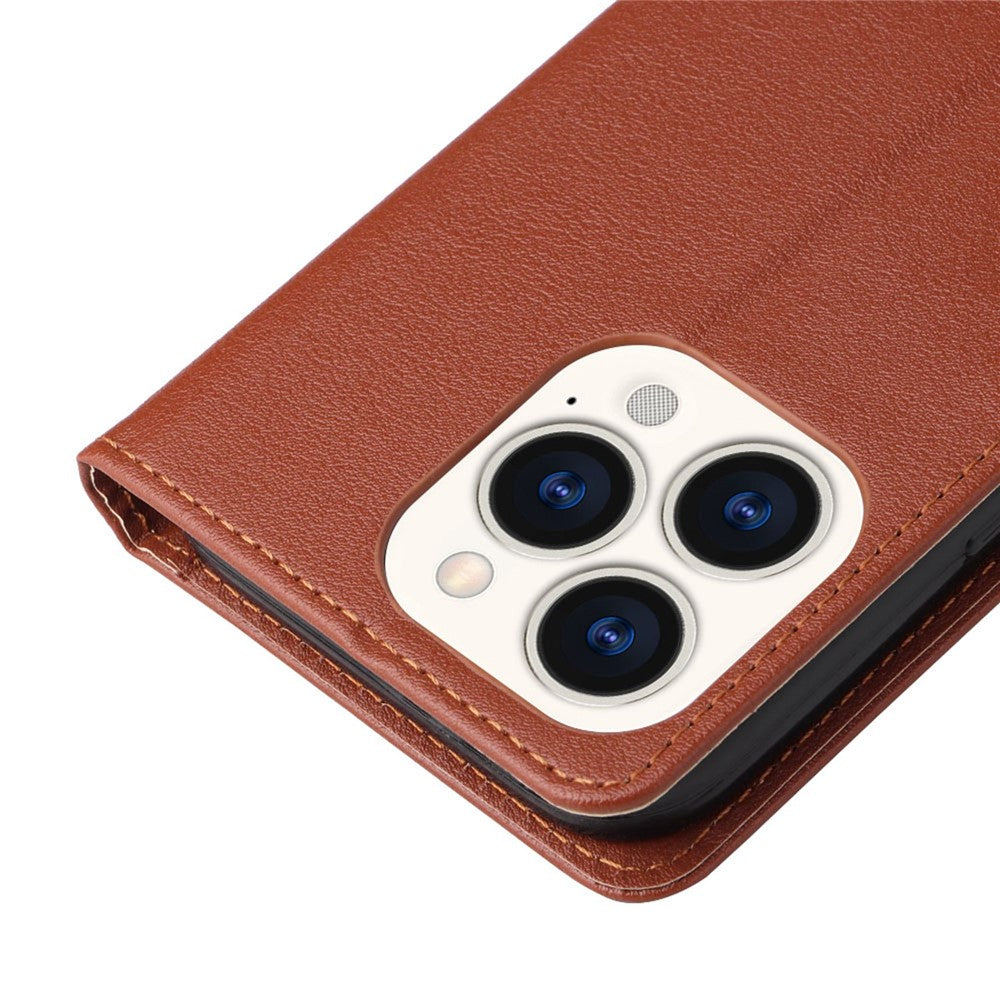 iPhone 14 PU Wallet Flip Cover Stand Fall Resistant Folio Cell Lanyard – Brun