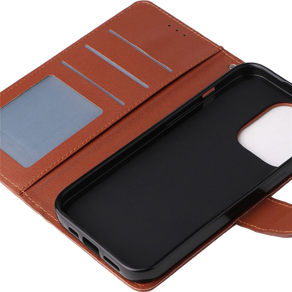 iPhone 14 PU Wallet Flip Cover Stand Fall Resistant Folio Cell Lanyard – Brun