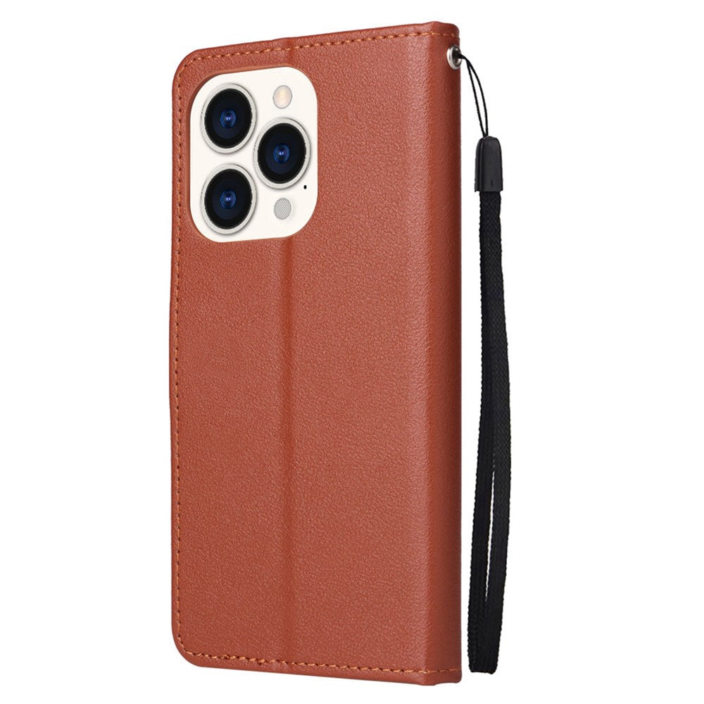 iPhone 14 PU Wallet Flip Cover Stand Fall Resistant Folio Cell Lanyard – Brun
