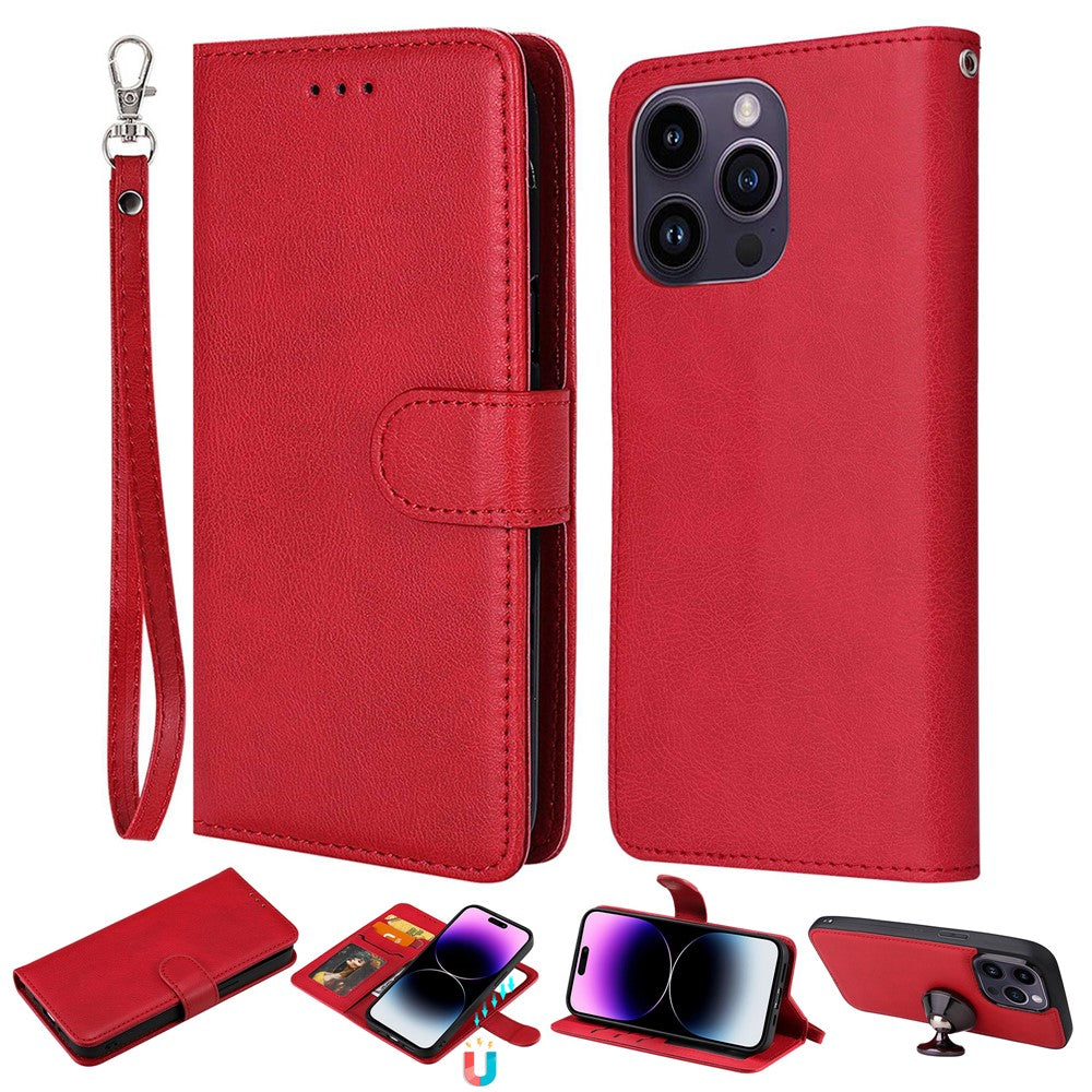 iPhone 14 Pro Max Læder Wallet Flip Cover 2 in 1 Detachable Magnetic Mobile Strap – Rød - produktbillede 1