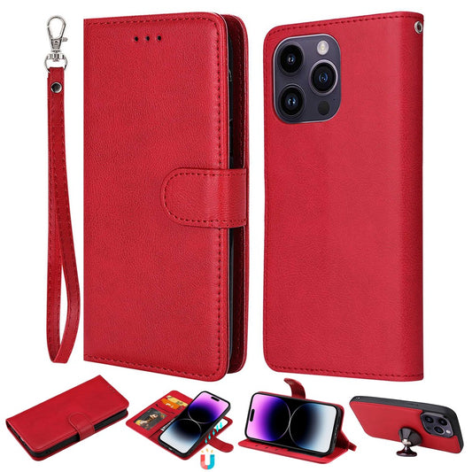iPhone 14 Pro Max Læder Wallet Flip Cover 2 in 1 Detachable Magnetic Mobile Strap – Rød - produktbillede 1