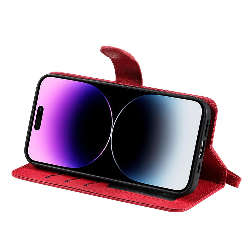 iPhone 14 Pro Max Læder Wallet Flip Cover 2 in 1 Detachable Magnetic Mobile Strap – Rød - produktbillede 2