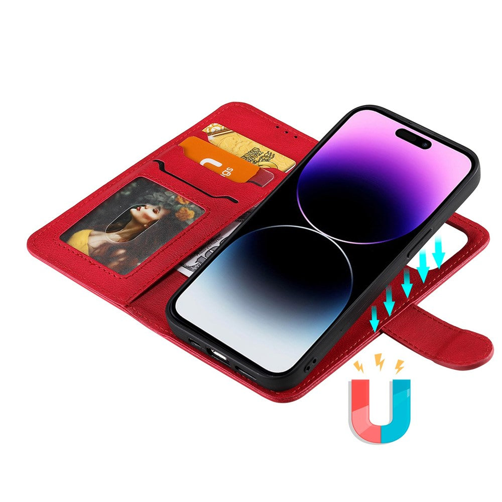 iPhone 14 Pro Max Læder Wallet Flip Cover 2 in 1 Detachable Magnetic Mobile Strap – Rød - produktbillede 3
