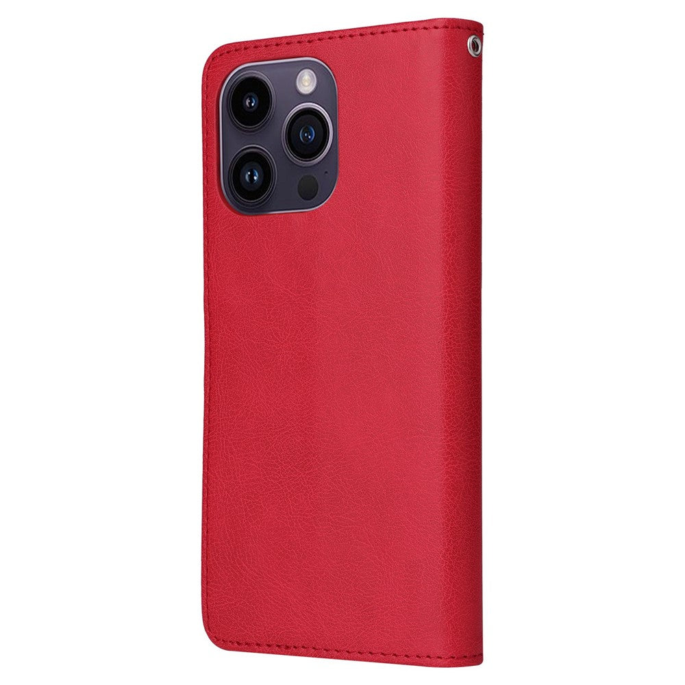 iPhone 14 Pro Max Læder Wallet Flip Cover 2 in 1 Detachable Magnetic Mobile Strap – Rød - produktbillede 9
