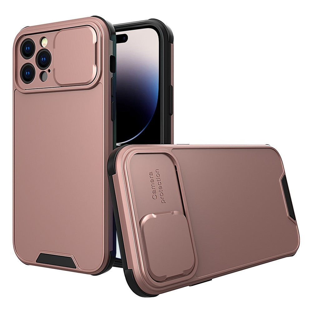 iPhone 14 Pro Cover Slim Anti Fall Hard Soft Sliding Camera Lens Rose – Guld - produktbillede 1