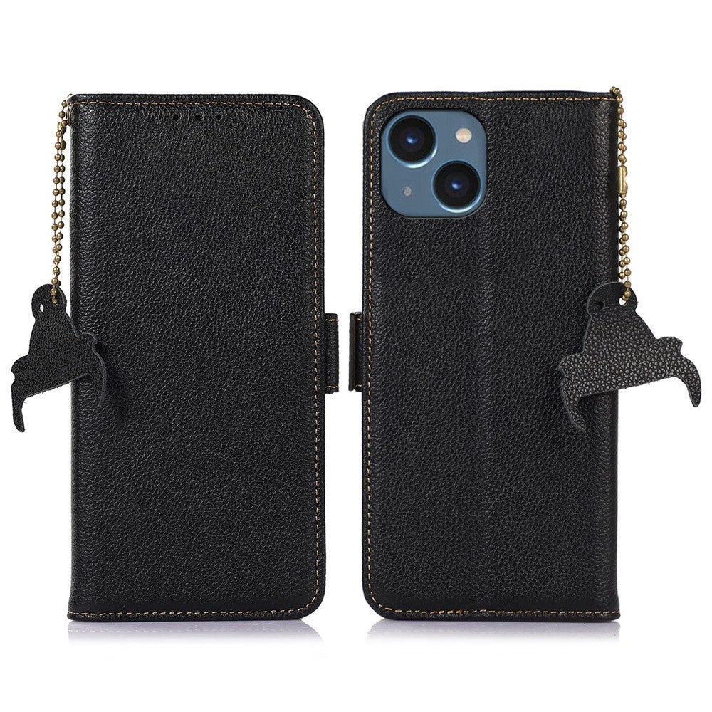 iPhone 14 Plus Læder Wallet Flip Cover Stand Genuine Bump Proof Side Magnetic Closure RFID Blocking – Sort - produktbillede 1