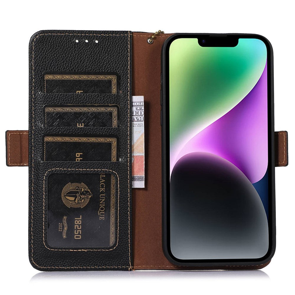 iPhone 14 Plus Læder Wallet Flip Cover Stand Genuine Bump Proof Side Magnetic Closure RFID Blocking – Sort - produktbillede 2