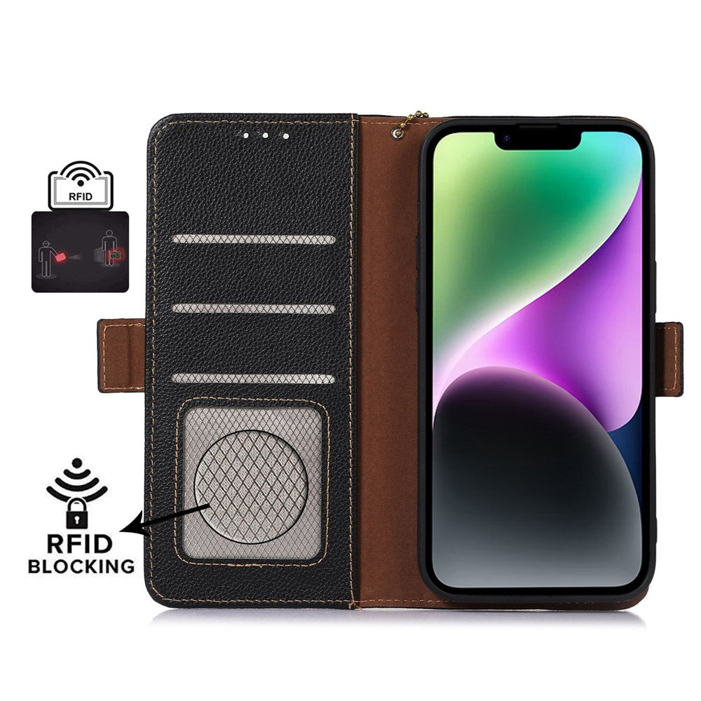 iPhone 14 Plus Læder Wallet Flip Cover Stand Genuine Bump Proof Side Magnetic Closure RFID Blocking – Sort - produktbillede 4