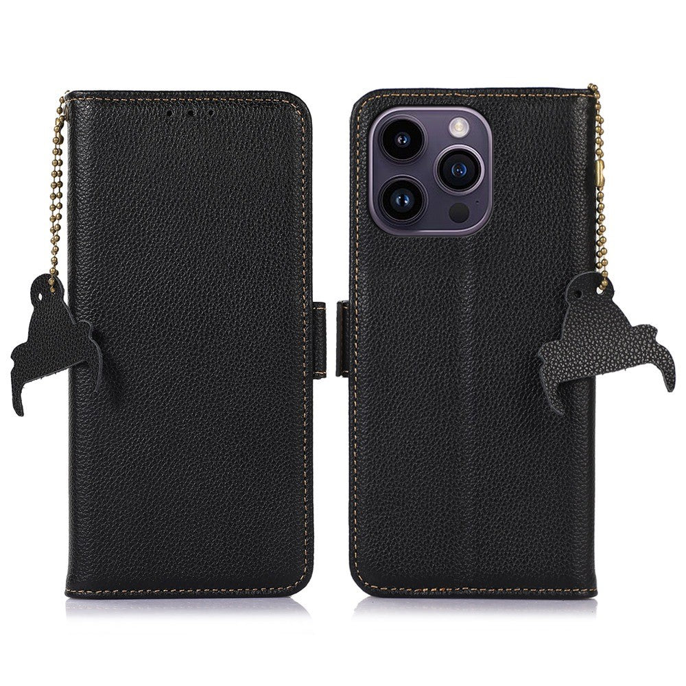 iPhone 14 Pro Læder Wallet Flip Cover Stand Genuine Side Magnetic Closure RFID Blocking Chaination – Sort - produktbillede 1