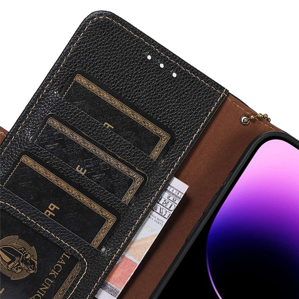 iPhone 14 Pro Læder Wallet Flip Cover Stand Genuine Side Magnetic Closure RFID Blocking Chaination – Sort - produktbillede 5
