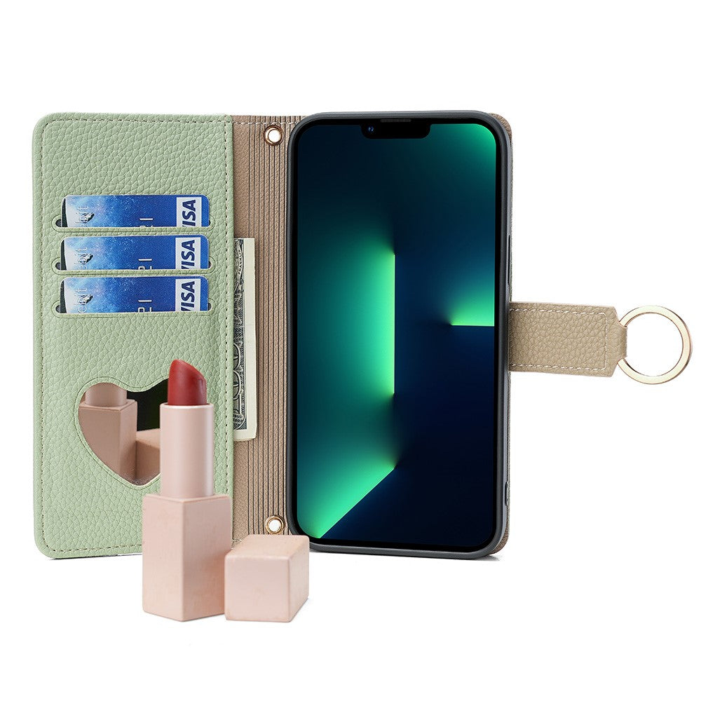 iPhone 15 Plus Wallet Flip Cover spejl og holder – Grøn - produktbillede 2