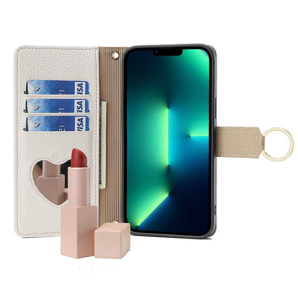 iPhone 15 Plus Wallet Flip Cover spejl og holder – Hvid - produktbillede 2