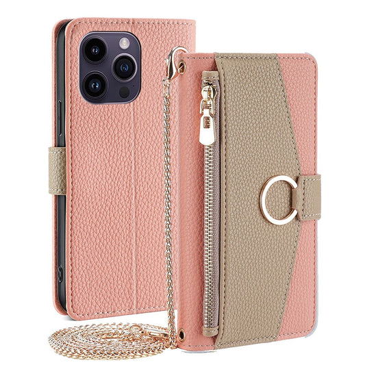 iPhone 15 Pro Max PU Wallet Flip Cover Stand Ring Holder Makeup Mirror Shoulder Strap – Pink