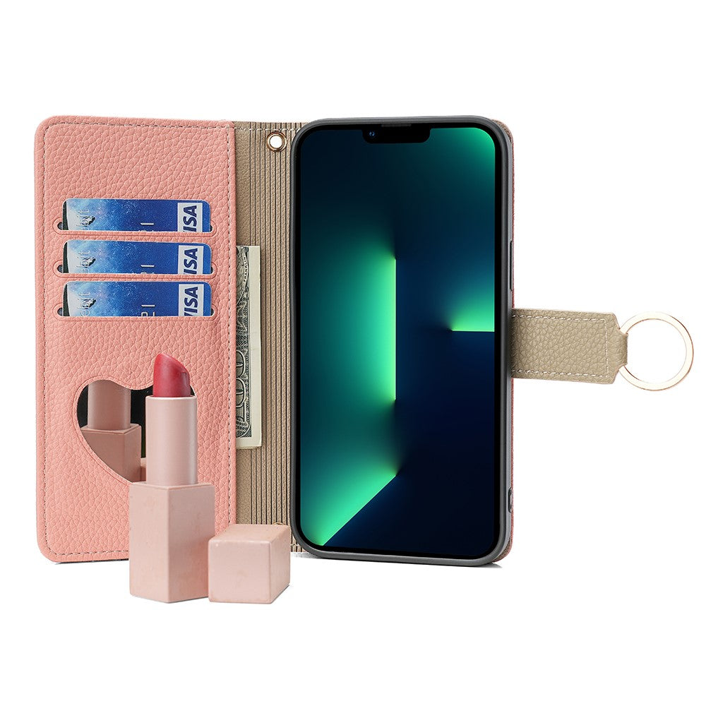 iPhone 15 Pro Max PU Wallet Flip Cover Stand Ring Holder Makeup Mirror Shoulder Strap – Pink
