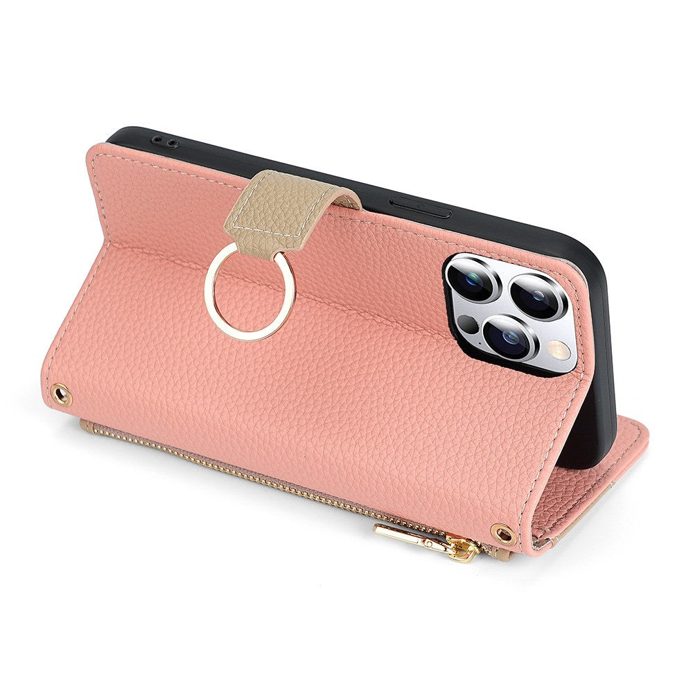 iPhone 15 Pro Max PU Wallet Flip Cover Stand Ring Holder Makeup Mirror Shoulder Strap – Pink - produktbillede 4
