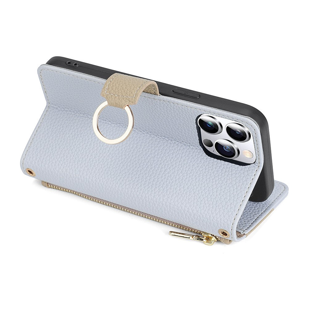 iPhone 15 Pro Max Wallet Flip Cover spejl og holder – Blå - produktbillede 4