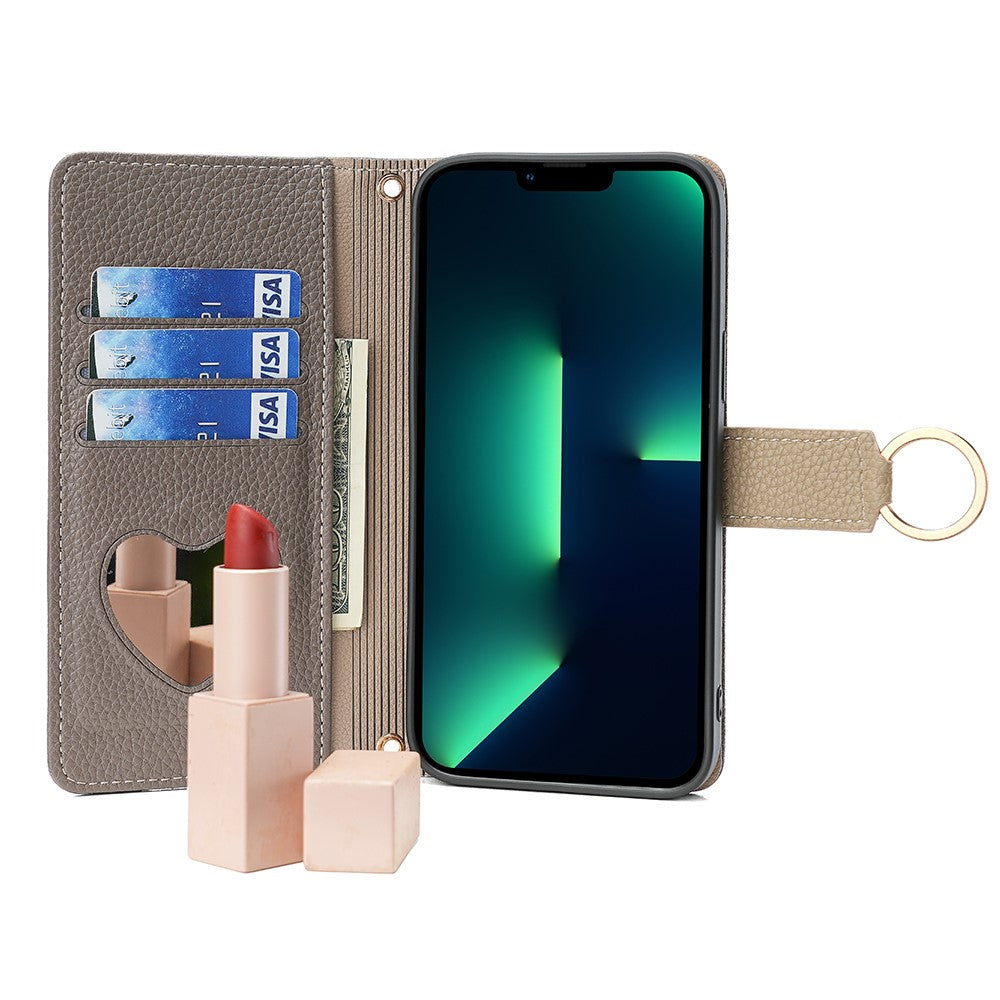 iPhone 15 Pro Max Wallet Flip Cover spejl og holder – Grå - produktbillede 2