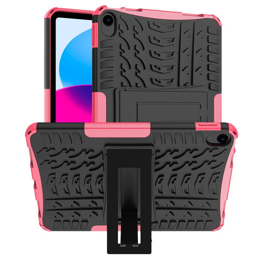 For iPad 10.9 (2022) Shockproof Tablet Case Tire Texture Kickstand Heavy Duty Armor Soft TPU Hard PC Protective Cover - Rose