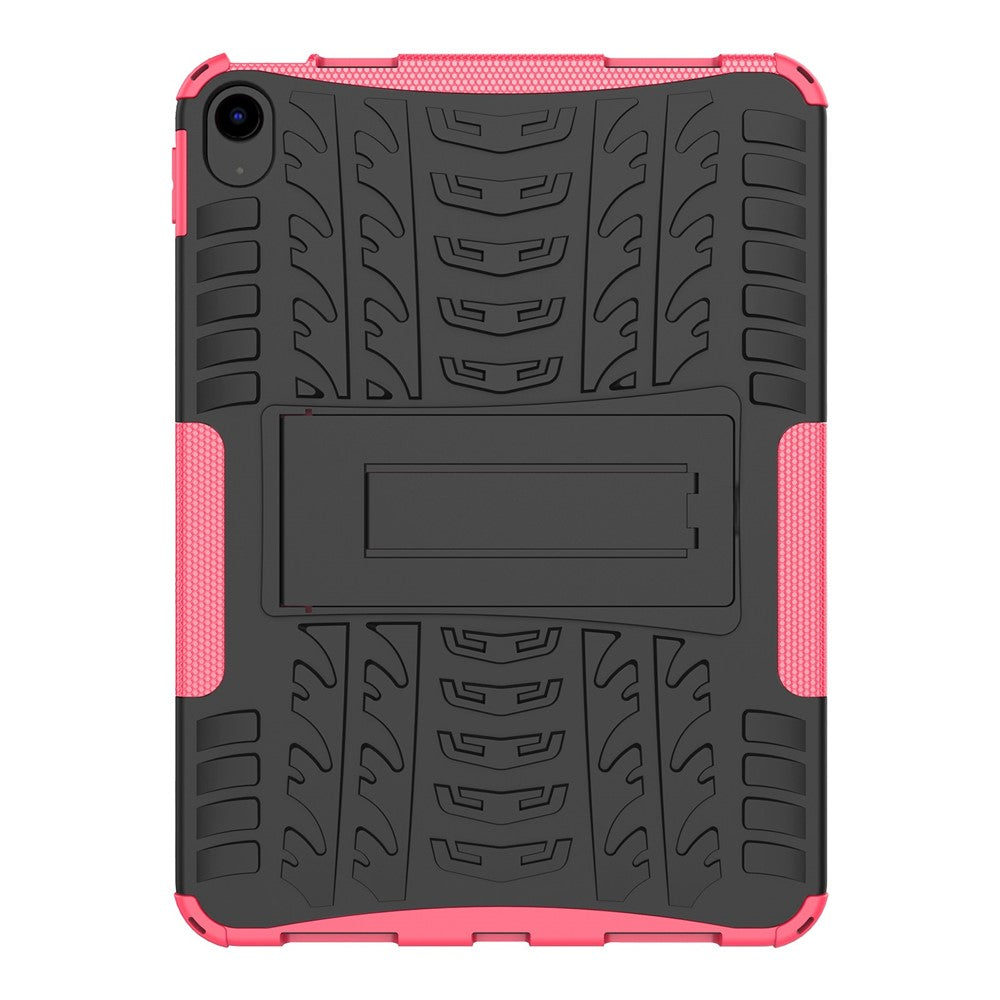 For iPad 10.9 (2022) Shockproof Tablet Case Tire Texture Kickstand Heavy Duty Armor Soft TPU Hard PC Protective Cover - Rose