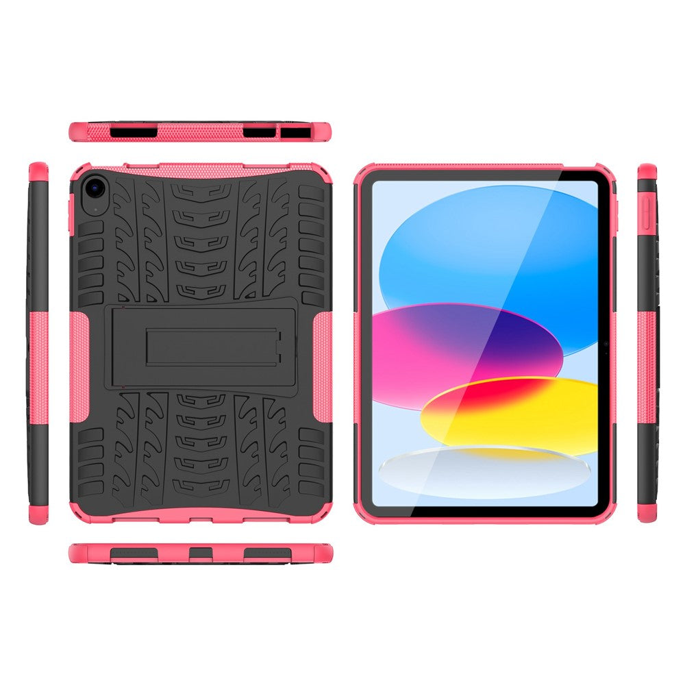 For iPad 10.9 (2022) Shockproof Tablet Case Tire Texture Kickstand Heavy Duty Armor Soft TPU Hard PC Protective Cover - Rose - produktbillede 9
