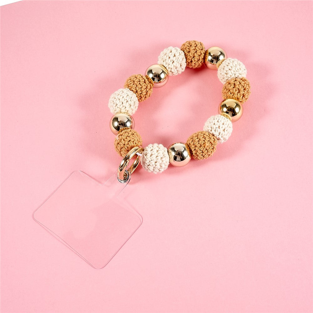 Universal Phone Wrist Strap Knitted Pompom Bead Anti-lost Phone Lanyard Bracelet - Brown - produktbillede 2