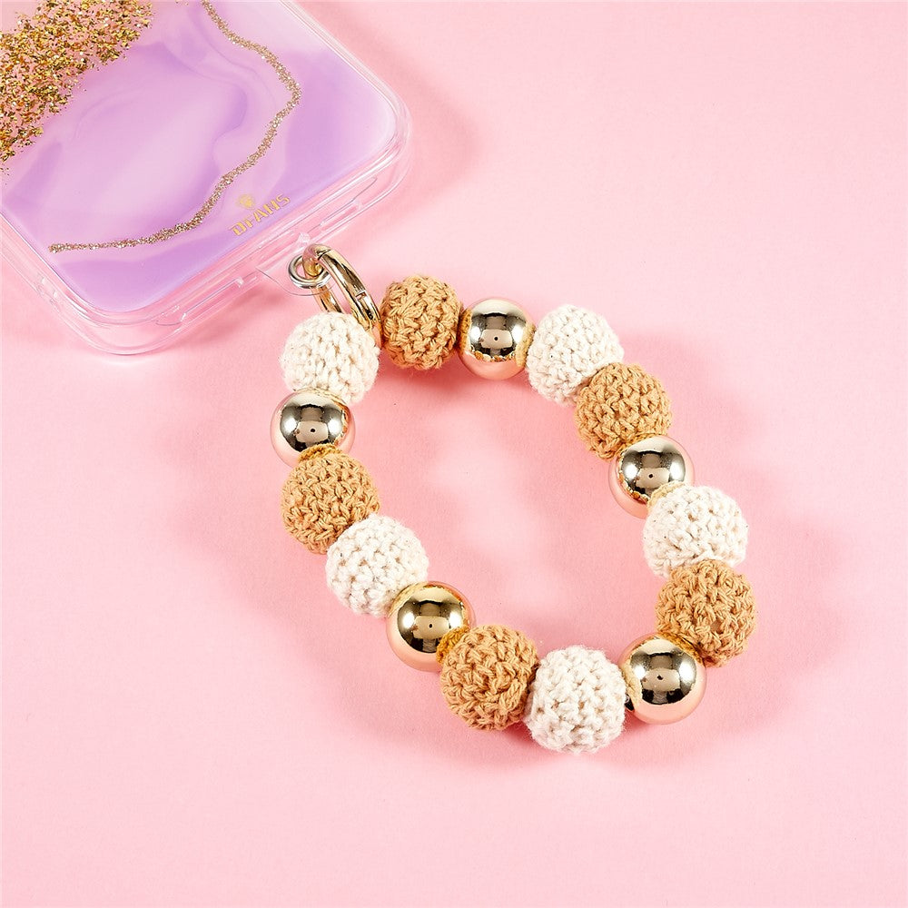 Universal Phone Wrist Strap Knitted Pompom Bead Anti-lost Phone Lanyard Bracelet - Brown - produktbillede 5